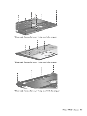 Page 145Where used: 8 screws that secure the top cover to the computer
Where used: 5 screws that secure the top cover to the computer
Where used: 4 screws that secure the top cover trim to the computer
Phillips PM2.5×8.0 screw 135 