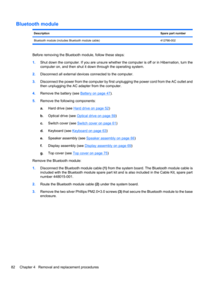 Page 92Bluetooth module
DescriptionSpare part number
Bluetooth module (includes Bluetooth module cable) 412766-002
Before removing the Bluetooth module, follow these steps:
1.Shut down the computer. If you are unsure whether the computer is off or in Hibernation, turn the
computer on, and then shut it down through the operating system.
2.Disconnect all external devices connected to the computer.
3.Disconnect the power from the computer by first unplugging the power cord from the AC outlet and
then unplugging...