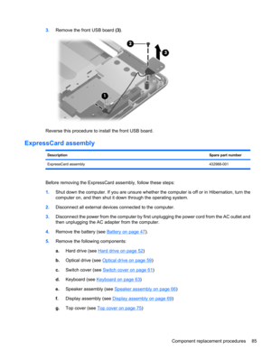 Page 953.Remove the front USB board (3).
Reverse this procedure to install the front USB board.
ExpressCard assembly
DescriptionSpare part number
ExpressCard assembly432988-001
Before removing the ExpressCard assembly, follow these steps:
1.Shut down the computer. If you are unsure whether the computer is off or in Hibernation, turn the
computer on, and then shut it down through the operating system.
2.Disconnect all external devices connected to the computer.
3.Disconnect the power from the computer by first...