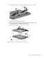 Page 634.Use the Mylar tab (1) to lift the hard drive (2) until it disconnects from the computer.
5.Remove the hard drive from the hard drive bay.
6.If it is necessary to replace the hard drive bracket, remove the four Phillips PM3.0×4.0
screws (1) that secure the hard drive bracket to the hard drive.
7.Lift the bracket (2) straight up to remove it from the hard drive.
Reverse this procedure to reassemble and install the hard drive.
Component replacement procedures 53 