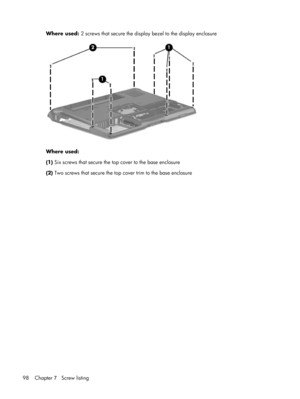 Page 106Where used: 2 screws that secure the display bezel to the display enclosure
Where used:
(1) Six screws that secure the top cover to the base enclosure
(2) Two screws that secure the top cover trim to the base enclosure
98 Chapter 7   Screw listing 