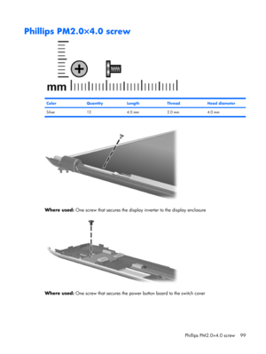 Page 107Phillips PM2.0×4.0 screw
ColorQuantityLengthThreadHead diameter
Silver 12 4.0 mm 2.0 mm 4.0 mm
Where used: One screw that secures the display inverter to the display enclosure
Where used: One screw that secures the power button board to the switch cover
Phillips PM2.0×4.0 screw 99 