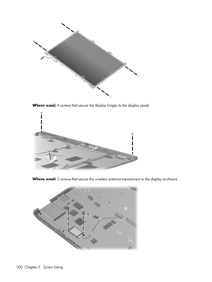 Page 108Where used: 4 screws that secure the display hinges to the display panel
Where used: 2 screws that secure the wireless antenna transceivers to the display enclosure
100 Chapter 7   Screw listing 