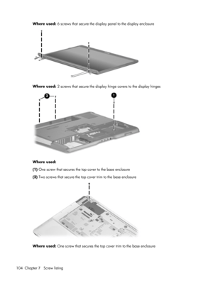 Page 112Where used: 6 screws that secure the display panel to the display enclosure
Where used: 2 screws that secure the display hinge covers to the display hinges
Where used:
(1) One screw that secures the top cover to the base enclosure
(2) Two screws that secure the top cover trim to the base enclosure
Where used: One screw that secures the top cover trim to the base enclosure
104 Chapter 7   Screw listing 