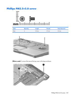 Page 115Phillips PM2.5×5.0 screw
ColorQuantityLengthThreadHead diameter
Silver 6 5.0 mm 2.5 mm 5.0 mm
Where used: 2 screws that secure the top cover to the base enclosure
Phillips PM2.5×5.0 screw 107 