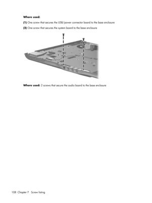 Page 116Where used:
(1) One screw that secures the USB/power connector board to the base enclosure
(2) One screw that secures the system board to the base enclosure
Where used: 2 screws that secure the audio board to the base enclosure
108 Chapter 7   Screw listing 