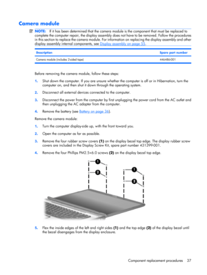 Page 45Camera module
NOTE:If it has been determined that the camera module is the component that must be replaced to
complete the computer repair, the display assembly does not have to be removed. Follow the procedures
in this section to replace the camera module. For information on replacing the display assembly and other
display assembly internal components, see 
Display assembly on page 55.
DescriptionSpare part number
Camera module (includes 2-sided tape) 446486-001
Before removing the camera module, follow...