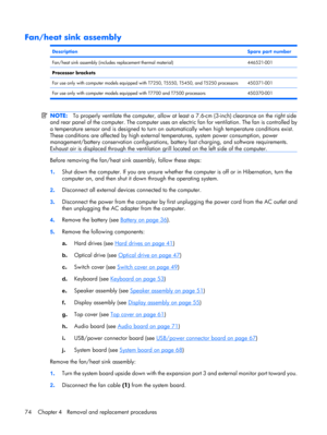 Page 82Fan/heat sink assembly
DescriptionSpare part number
Fan/heat sink assembly (includes replacement thermal material)446521-001
Processor brackets
For use only with computer models equipped with T7250, T5550, T5450, and T5250 processors
450371-001
For use only with computer models equipped with T7700 and T7500 processors 450370-001
NOTE:To properly ventilate the computer, allow at least a 7.6-cm (3-inch) clearance on the right side
and rear panel of the computer. The computer uses an electric fan for...