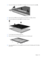 Page 1334.Disconnect all display panel cables (1) from the display inverter and remove the inverter (2).
5.Remove all screws (1) that secure the display panel assembly to the display enclosure.
6.Remove the display panel assembly (2) from the display enclosure.
7.Turn the display panel assembly upside down.
8.Remove all screws that secure the display panel frame to the display panel.
9.Use a sharp-edged tool to cut the tape (1) that secures the sides of the display panel to the display
panel frame.
Display 125 