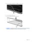 Page 13515.Remove the backlight cables (1) from the clip (2) in the display panel.
16.Turn the display panel upside down.
17.Remove the backlight frame from the display panel.
WARNING!The backlight contains mercury. Exercise caution when removing and handling the
backlight to avoid damaging this component and causing exposure to the mercury.
Display 127 