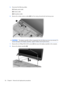 Page 645.Disconnect the following cables:
(1) Display panel cable
(2) Camera cable
(3) Microphone cable
6.Remove the wireless antenna cables (4) from the routing channels built into the top cover.
CAUTION:The display assembly will be unsupported when the following screws are removed. To
prevent damage to the display assembly, support it before removing the screws.
7.Remove the two Phillips PM2.5×8.0 screws (1) that secure the display assembly to the computer.
8.Remove the display assembly (2).
56 Chapter 4...