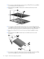 Page 6612.If it is necessary to replace the display panel, remove the six Phillips PM2.5×6.0 screws (1) that
secure the display panel to the display enclosure.
13.Remove the display panel (2). The display panel is available using the spare part number
446480-001.
14.If it is necessary to replace the display hinges and hinge covers, remove the Phillips PM2.5×6.0
screws (1) that secure the each hinge cover to the hinges and remove the covers (2) by sliding them
off the hinges. The display hinge covers are...