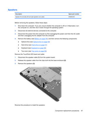 Page 75Speakers
DescriptionSpare part number
Speaker Kit (includes left and right speakers and cable) 639458-001
Before removing the speakers, follow these steps:
1.Shut down the computer. If you are unsure whether the computer is off or in Hibernation, turn
the computer on, and then shut it down through the operating system.
2.Disconnect all external devices connected to the computer.
3.Disconnect the power from the computer by first unplugging the power cord from the AC outlet
and then unplugging the AC...