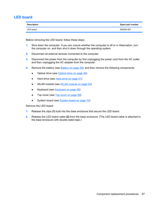 Page 95LED board
DescriptionSpare part number
LED board640293-001
Before removing the LED board, follow these steps:
1.Shut down the computer. If you are unsure whether the computer is off or in Hibernation, turn
the computer on, and then shut it down through the operating system.
2.Disconnect all external devices connected to the computer.
3.Disconnect the power from the computer by first unplugging the power cord from the AC outlet
and then unplugging the AC adapter from the computer.
4.Remove the battery...