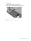 Page 776.Open the computer.
7.Disconnect the optical drive cable (1) from the system board.
8.Release the optical drive cable (2) from the clips built into the base enclosure.
9.Remove the optical drive cable.
Reverse this procedure to install the optical drive cable.
Component replacement procedures 69 