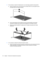 Page 985.If it is necessary to replace the display bezel or any of the display assembly subcomponents:
a.Remove the Mylar screw covers (1) and the two Phillips PM2.5×6.0 screws (2) that secure
the display bezel to the display assembly.
b.Flex the inside edges of the top edge (1), the left and right sides (2), and the bottom
edge (3) of the display bezel until the bezel disengages from the display enclosure.
c.Remove the display bezel (4). The display bezel is available using spare part number
639440-001.
6.If...