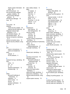 Page 99display system information 29
using 29
HP 3D DriveGuard 53
HP and third-party software
updates, installing 65
HP Connection Manager
software 16
HP Recovery Manager 75
hubs 45
I
input power 78
installing
critical security updates 65
optional security cable lock 66
integrated webcam light,
identifying 8, 21
Intel Wireless Display 26
Intel Wireless Music 26
internal microphone, identifying
8, 21
Internet connection setup 18
Internet security software, using
64
J
jack
audio-in (microphone) 6
audio-out...
