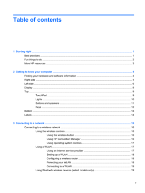 Page 5Table of contents
1  Starting right ................................................................................................................................................... 1
Best practices ....................................................................................................................................... 1
Fun things to do .................................................................................................................................... 2
More HP resources...