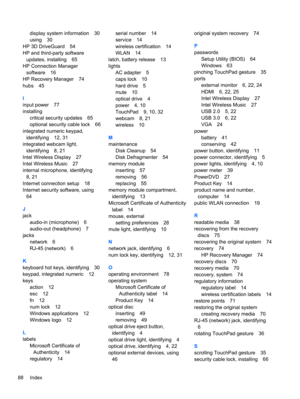 Page 98display system information 30
using 30
HP 3D DriveGuard 54
HP and third-party software
updates, installing 65
HP Connection Manager
software 16
HP Recovery Manager 74
hubs 45
I
input power 77
installing
critical security updates 65
optional security cable lock 66
integrated numeric keypad,
identifying 12, 31
integrated webcam light,
identifying 8, 21
Intel Wireless Display 27
Intel Wireless Music 27
internal microphone, identifying
8, 21
Internet connection setup 18
Internet security software, using
64...