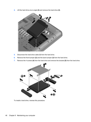 Page 584.Lift the hard drive at an angle (2) and remove the hard drive (3).
5.Disconnect the hard drive cable (1) from the hard drive.
6.Remove the front bumper (2) and the back bumper (3) from the hard drive.
7.Remove the 4 screws (4) from the hard drive and remove the bracket (5) from the hard drive.
To install a hard drive, reverse this procedure.
48 Chapter 8   Maintaining your computer 