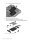 Page 584.Lift the hard drive at an angle (2) and remove the hard drive (3).
5.Disconnect the hard drive cable (1) from the hard drive.
6.Remove the front bumper (2) and the back bumper (3) from the hard drive.
7.Remove the 4 screws (4) from the hard drive and remove the bracket (5) from the hard drive.
To install a hard drive, reverse this procedure.
48 Chapter 8   Maintaining your computer 