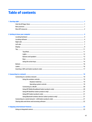Page 7Table of contents
1  Starting right ................................................................................................................................................ 1
VisittheHPAppsStore..........................................................................................................................................1...