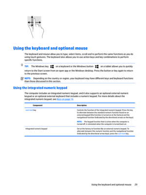 Page 39Using the keyboard and optional mouse
Thekeyboardandmouseallowyoutotype,selectitems,scrollandtoperformthesamefunctionsasyoudo
usingtouchgestures.Thekeyboardalsoallowsyoutouseactionkeysandkeycombinationstoperform
speci