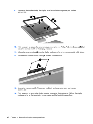 Page 509.Remove the display bezel (3). The display bezel is available using spare part number
452307-001.
10.If it is necessary to replace the camera module, remove the two Phillips PM2.5×5.0 screws (1) that
secure the camera module to the display enclosure.
11.Release the camera module (2) from the display enclosure as far as the camera module cable allows.
12.Disconnect the camera module cable (3) from the camera module.
13.Remove the camera module. The camera module is available using spare part number...