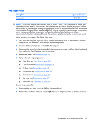 Page 83Processor fan
DescriptionSpare part number
Processor fan448162-001
NOTE:To properly ventilate the computer, allow at least a 7.6-cm (3-inch) clearance on the left and
right sides and rear panel of the computer. The computer uses two electric fans for ventilation. The fans
are controlled by a temperature sensor and are designed to turn on automatically when high temperature
conditions exist. These conditions are affected by high external temperatures, system power consumption,
power management/battery...