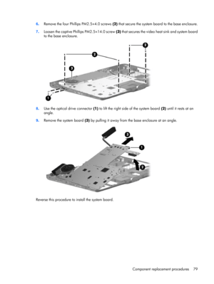 Page 876.Remove the four Phillips PM2.5×4.0 screws (2) that secure the system board to the base enclosure.
7.Loosen the captive Phillips PM2.5×14.0 screw (3) that secures the video heat sink and system board
to the base enclosure.
8.Use the optical drive connector (1) to lift the right side of the system board (2) until it rests at an
angle.
9.Remove the system board (3) by pulling it away from the base enclosure at an angle.
Reverse this procedure to install the system board.
Component replacement procedures 79 