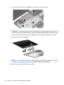 Page 746.Remove the WLAN antenna cables (5) from the opening in the system board.
CAUTION:The display assembly will be unsupported when the following screws are removed. To
prevent damage to the display assembly, support the display assembly before removing the screws.
7.Remove the six Phillips PM3.0×8.0 screws (1) that secure the display assembly to the computer.
8.Remove the display assembly (2).
NOTE:If it is necessary to replace any of the display assembly internal components, see Display
assembly internal...