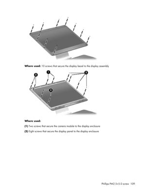 Page 117Where used: 10 screws that secure the display bezel to the display assembly
Where used:
(1) Two screws that secure the camera module to the display enclosure
(2) Eight screws that secure the display panel to the display enclosure
Phillips PM2.5×5.0 screw 109 