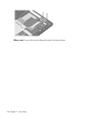 Page 134Where used: 2 screws that secure the Bluetooth module to the base enclosure
126 Chapter 7   Screw listing 