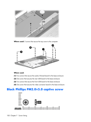Page 107Where used: 2 screws that secure the top cover to the computer
Where used:
(1) Two screws that secure the audio/infrared board to the base enclosure
(2) One screw that secures the rear USB board to the base enclosure
(3) Two screws that secure the front USB board to the base enclosure
(4) One screw that secures the video connector board to the base enclosure
Black Phillips PM2.0×5.0 captive screw
100 Chapter 7   Screw listing 