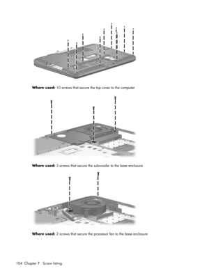 Page 111Where used: 10 screws that secure the top cover to the computer
Where used: 3 screws that secure the subwoofer to the base enclosure
Where used: 2 screws that secure the processor fan to the base enclosure
104 Chapter 7   Screw listing 