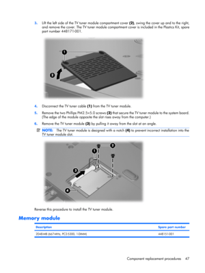 Page 543.Lift the left side of the TV tuner module compartment cover (2), swing the cover up and to the right,
and remove the cover. The TV tuner module compartment cover is included in the Plastics Kit, spare
part number 448171-001.
4.Disconnect the TV tuner cable (1) from the TV tuner module.
5.Remove the two Phillips PM2.5×5.0 screws (2) that secure the TV tuner module to the system board.
(The edge of the module opposite the slot rises away from the computer.)
6.Remove the TV tuner module (3) by pulling it...
