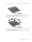 Page 467.Remove the ten Phillips PM2.5×5.0 screws that secure the display bezel to the display assembly.
8.Flex the inside edges of the left and right sides (1) and the top and bottom edges (2) of the display
bezel until the bezel disengages from the display enclosure.
9.Remove the display bezel (3). The display bezel is available using spare part number
452307-001.
10.If it is necessary to replace the camera module, remove the two Phillips PM2.5×5.0 screws (1) that
secure the camera module to the display...