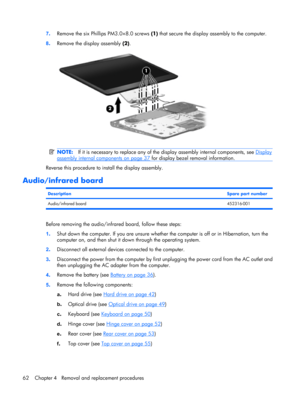 Page 697.Remove the six Phillips PM3.0×8.0 screws (1) that secure the display assembly to the computer.
8.Remove the display assembly (2).
NOTE:If it is necessary to replace any of the display assembly internal components, see Display
assembly internal components on page 37 for display bezel removal information.
Reverse this procedure to install the display assembly.
Audio/infrared board
DescriptionSpare part number
Audio/infrared board452316-001
Before removing the audio/infrared board, follow these steps:...