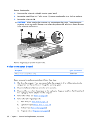 Page 75Remove the subwoofer:
1.Disconnect the subwoofer cable (1) from the system board.
2.Remove the three Phillips PM2.5×8.0 screws (2) that secure subwoofer the to the base enclosure.
3.Remove the subwoofer (3).
CAUTION:When installing the subwoofer, do not overtighten the screws. Overtightening the
subwoofer screws can result in damage to the subwoofer grommets (4), which can cause a decrease
in the subwoofer performance.
Reverse this procedure to install the subwoofer.
Video connector board...