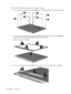 Page 132Perform the following steps to disassemble the display assembly:
1.Remove all screw covers (1) and screws (2) that secure the display bezel to the display assembly.
2.Lift up and out on the left and right inside edges (1) and the top and bottom inside edges (2) of the
display bezel until the bezel disengages from the display assembly.
3.Remove the display bezel (3).
4.Disconnect all display panel cables (1) from the display inverter and remove the inverter (2).
126 Chapter 11   Recycling 