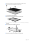 Page 1335.Remove all screws (1) that secure the display panel assembly to the display enclosure.
6.Remove the display panel assembly (2) from the display enclosure.
7.Turn the display panel assembly upside down.
8.Remove all screws that secure the display panel frame to the display panel.
9.Use a sharp-edged tool to cut the tape (1) that secures the sides of the display panel to the display
panel frame.
10.Remove the display panel frame (2) from the display panel.
11.Remove the screws (1) that secure the...