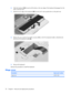 Page 596.Slide the keyboard (2) forward until the tabs on the rear edge of the keyboard disengage from the
slots in the top cover.
7.Rotate the rear edge of the keyboard (3) forward until it rests upside down on the palm rest.
8.Release the zero insertion force (ZIF) connector (1) to which the keyboard cable is attached and
disconnect the keyboard cable (2).
9.Remove the keyboard.
Reverse this procedure to install the keyboard.
Hinge cover
DescriptionSpare part number
Hinge cover452311-001
52 Chapter 4...