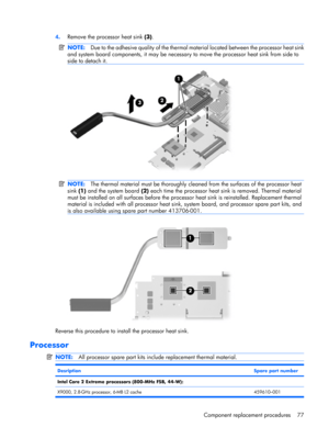 Page 844.Remove the processor heat sink (3).
NOTE:Due to the adhesive quality of the thermal material located between the processor heat sink
and system board components, it may be necessary to move the processor heat sink from side to
side to detach it.
NOTE:The thermal material must be thoroughly cleaned from the surfaces of the processor heat
sink (1) and the system board (2) each time the processor heat sink is removed. Thermal material
must be installed on all surfaces before the processor heat sink is...