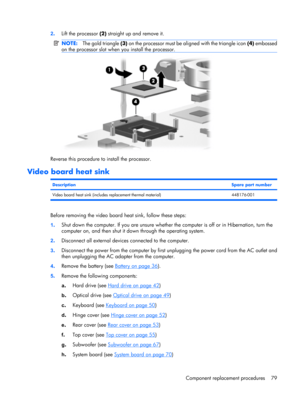 Page 862.Lift the processor (2) straight up and remove it.
NOTE:The gold triangle (3) on the processor must be aligned with the triangle icon (4) embossed
on the processor slot when you install the processor.
Reverse this procedure to install the processor.
Video board heat sink
DescriptionSpare part number
Video board heat sink (includes replacement thermal material) 448176-001
Before removing the video board heat sink, follow these steps:
1.Shut down the computer. If you are unsure whether the computer is off...