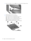 Page 454.Remove the two Phillips 2.5×5.0 screws (2) that secure the display bezel to the display enclosure.
5.Position the computer with the front toward you.
6.Remove the following screw covers and logo labels:
(1) Two rubber screw covers on the display bezel top edge corners
(2) Two rubber screw covers on the display bezel top edge
(3) Four rubber screw covers on the display bezel left and right sides
(4) Speaker logo label on the display bezel lower left edge
(5) Computer model logo label on the display...