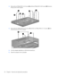 Page 633.Remove the two Phillips PM2.5×4.0 screws (2) and the ten Phillips PM2.5×8.0 screws (3) that secure
the top cover to the computer.
4.Remove the four Phillips PM2.5×5.0 screws (1) and the two Phillips PM2.5×11.0 screws (2) that
secure the top cover to the computer.
5.Turn the computer right-side up, with the front toward you.
6.Open the computer as far as possible.
56 Chapter 4   Removal and replacement procedures 