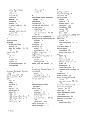 Page 160analog channel output
jack 14
audio-in 12
audio-out 12
headphone 12
IR emitter 13
microphone 12
network 16
RF coaxial cable jack 13
RJ-45 16
S-Video-in 13
subwoofer analog channel
output 14
TV audio line-in  13
K
key components 11
keyboard
product description 5
removal 54
spare part numbers 20,  28, 
54
keypad keys 11
keys
esc 11
fn 11
function 11
keypad 11
Windows application 11
Windows logo 11
L
language, changing in Computer
Setup 97
left-side components 16
light components 7,  9
lights
bass 10...