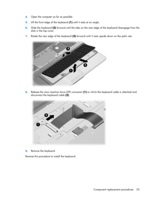 Page 634.Open the computer as far as possible.
5.Lift the front edge of the keyboard (1) until it rests at an angle.
6.Slide the keyboard (2) forward until the tabs on the rear edge of the keyboard disengage from the
slots in the top cover.
7.Rotate the rear edge of the keyboard (3) forward until it rests upside down on the palm rest.
8.Release the zero insertion force (ZIF) connector (1) to which the keyboard cable is attached and
disconnect the keyboard cable (2).
9.Remove the keyboard.
Reverse this procedure...