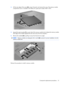 Page 593.Lift the rear edge of the cover (2), swing it forward, and remove the cover. The memory module
compartment cover is included in the Plastics Kit, spare part number 448171-001.
4.Spread the retaining tabs (1) o n  e a c h  s i d e  o f  t h e  m e m o r y  m o d u l e  s l o t  t o  r e l e a s e  t h e  m e m o r y  m o d u l e .
(The edge of the module opposite the slot rises away from the computer.)
5.Remove the module (2) by pulling it away from the slot at an angle.
NOTE:Memory modules are designed...