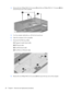 Page 684.Remove the four Phillips PM2.5×5.0 screws (1) and the two Phillips PM2.5×11.0 screws (2) that
secure the top cover to the computer.
5.Turn the computer right-side up, with the front toward you.
6.Open the computer as far as possible.
7.Disconnect the following cables:
(1) Fingerprint reader board cable
(2) LED board cable
(3) TouchPad board cable
(4) TouchPad on/off board cable
8.Remove the two Phillips PM2.5×5.0 screws (1) that secure the top cover to the computer.
60 Chapter 4   Removal and...